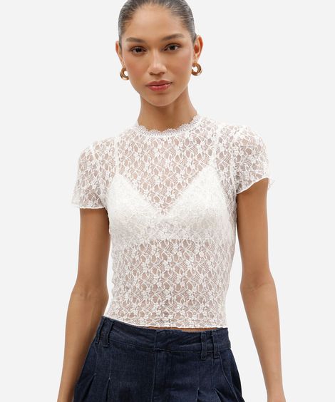 blusa feminina de renda manga curta floral off white