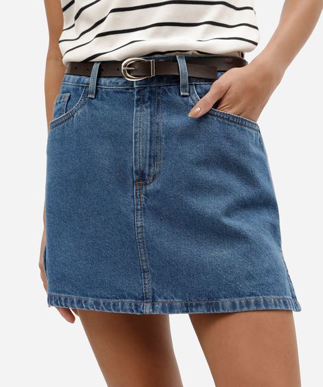 short saia feminino jeans com cinto azul