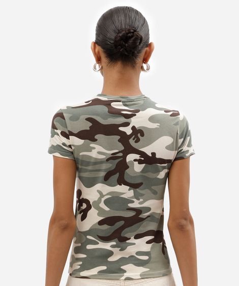 camiseta baby look feminina de algodão manga curta camuflada básica verde
