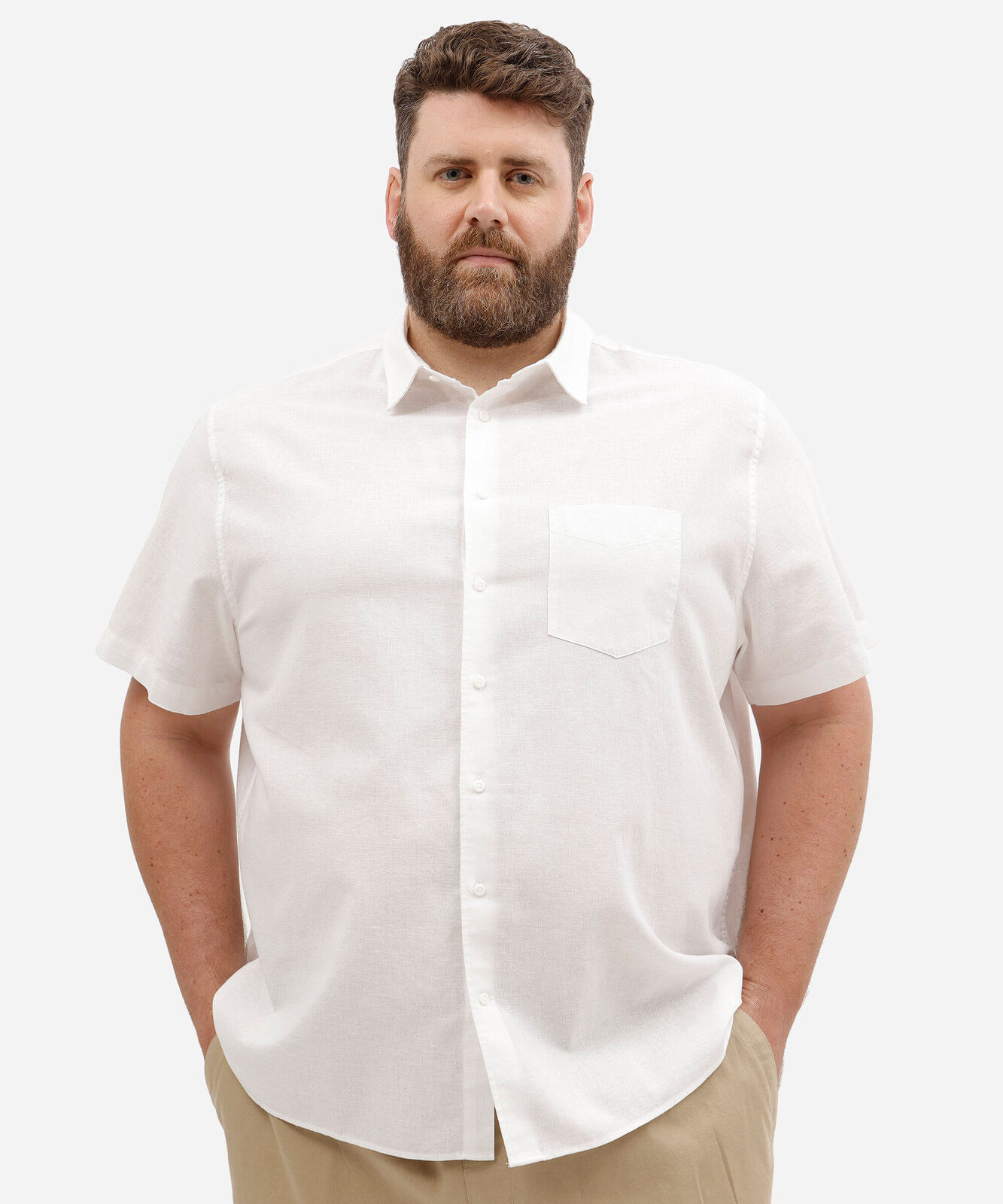 camisa masculina plus size com linho manga curta  off white