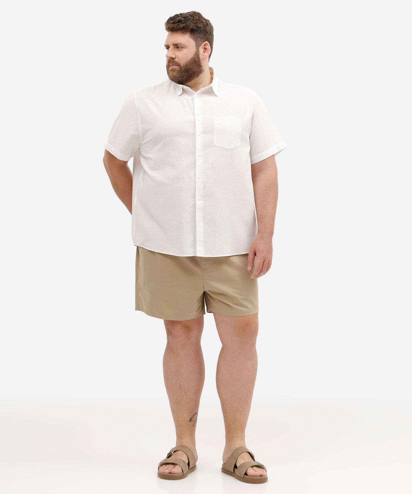 camisa masculina plus size com linho manga curta  off white