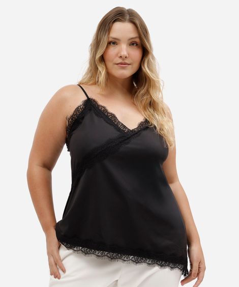 top de alça fina plus size assimétrico com renda preta