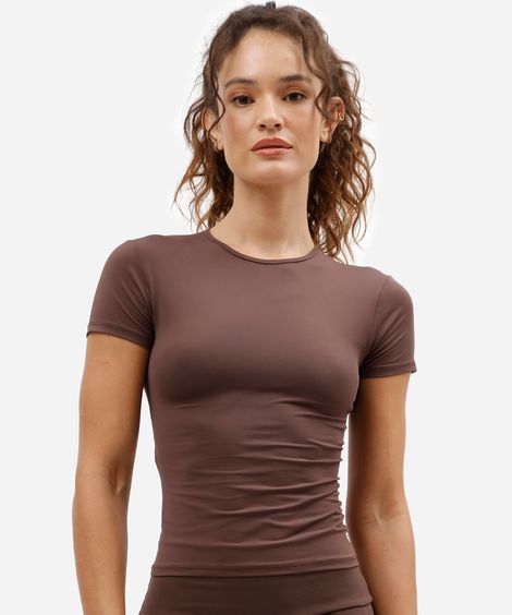 camiseta esportiva feminina de poliamida manga curta marrom