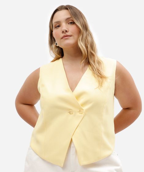 colete feminino de alfaiataria com viscose plus size amarelo