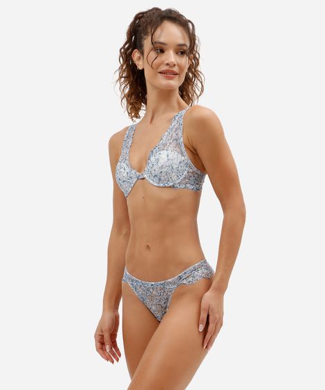 calcinha fio dental feminina de renda floral azul