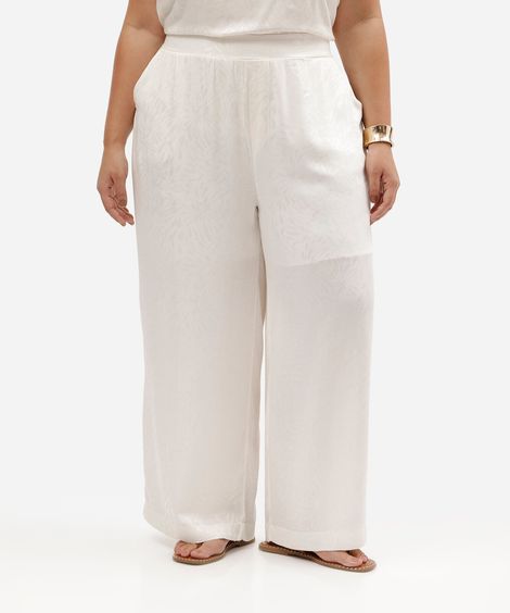 calça reta feminina cós elástico acetinada plus size off white