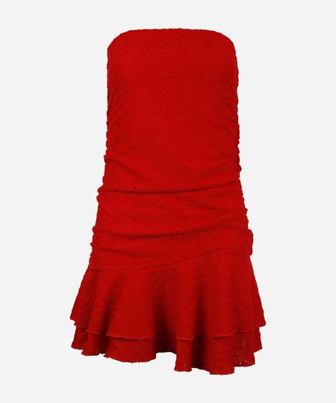 vestido curto juvenil de laise sem alça com babado vermelho