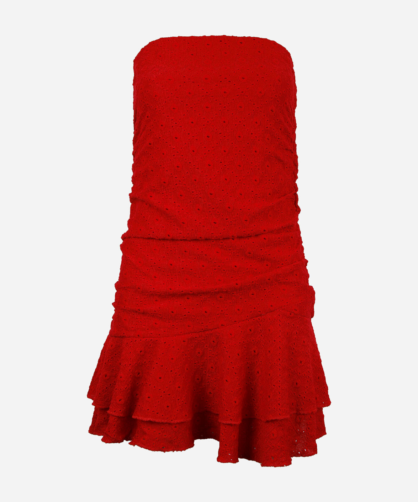 vestido curto juvenil de laise sem alça com babado vermelho