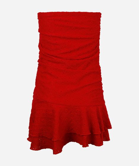 vestido curto juvenil de laise sem alça com babado vermelho