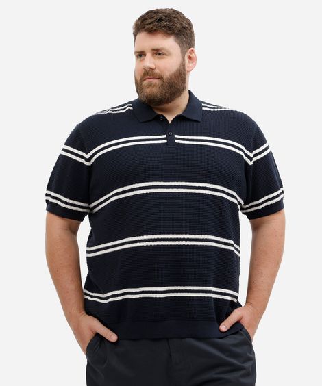polo masculina de algodão manga curta texturizada listrada plus size azul
