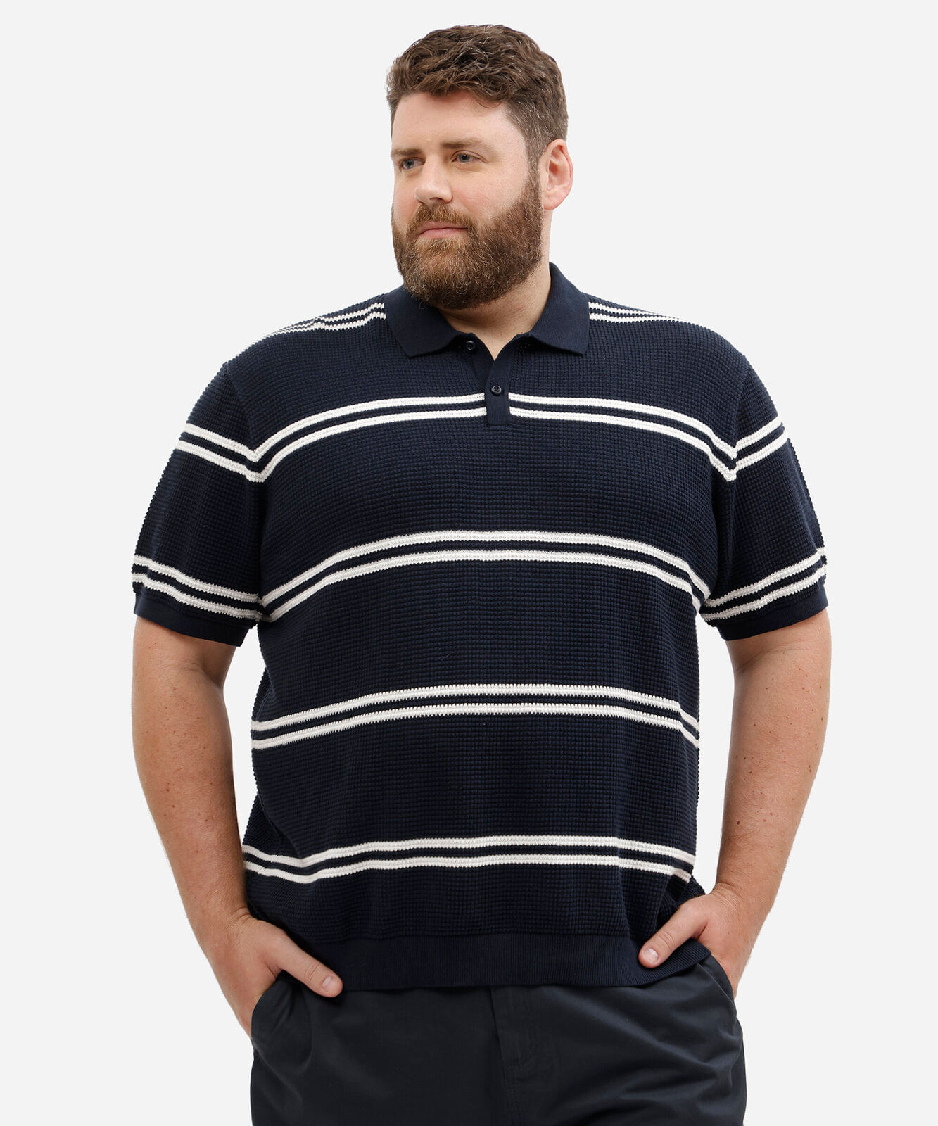 polo masculina de algodão manga curta texturizada listrada plus size azul
