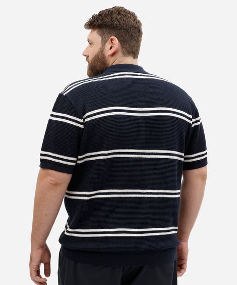 polo masculina de algodão manga curta texturizada listrada plus size azul