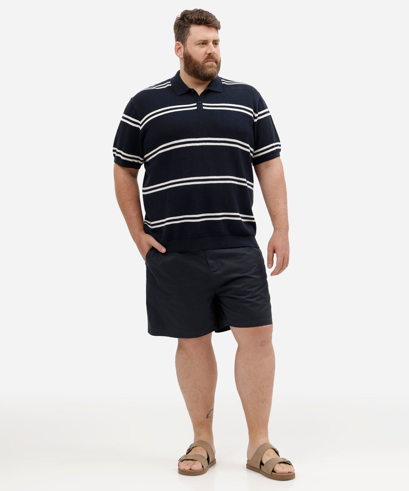 polo masculina de algodão manga curta texturizada listrada plus size azul
