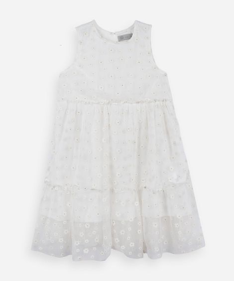 vestido infantil de tule com recortes floral off white
