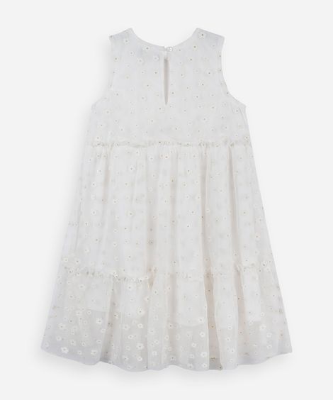 vestido infantil de tule com recortes floral off white