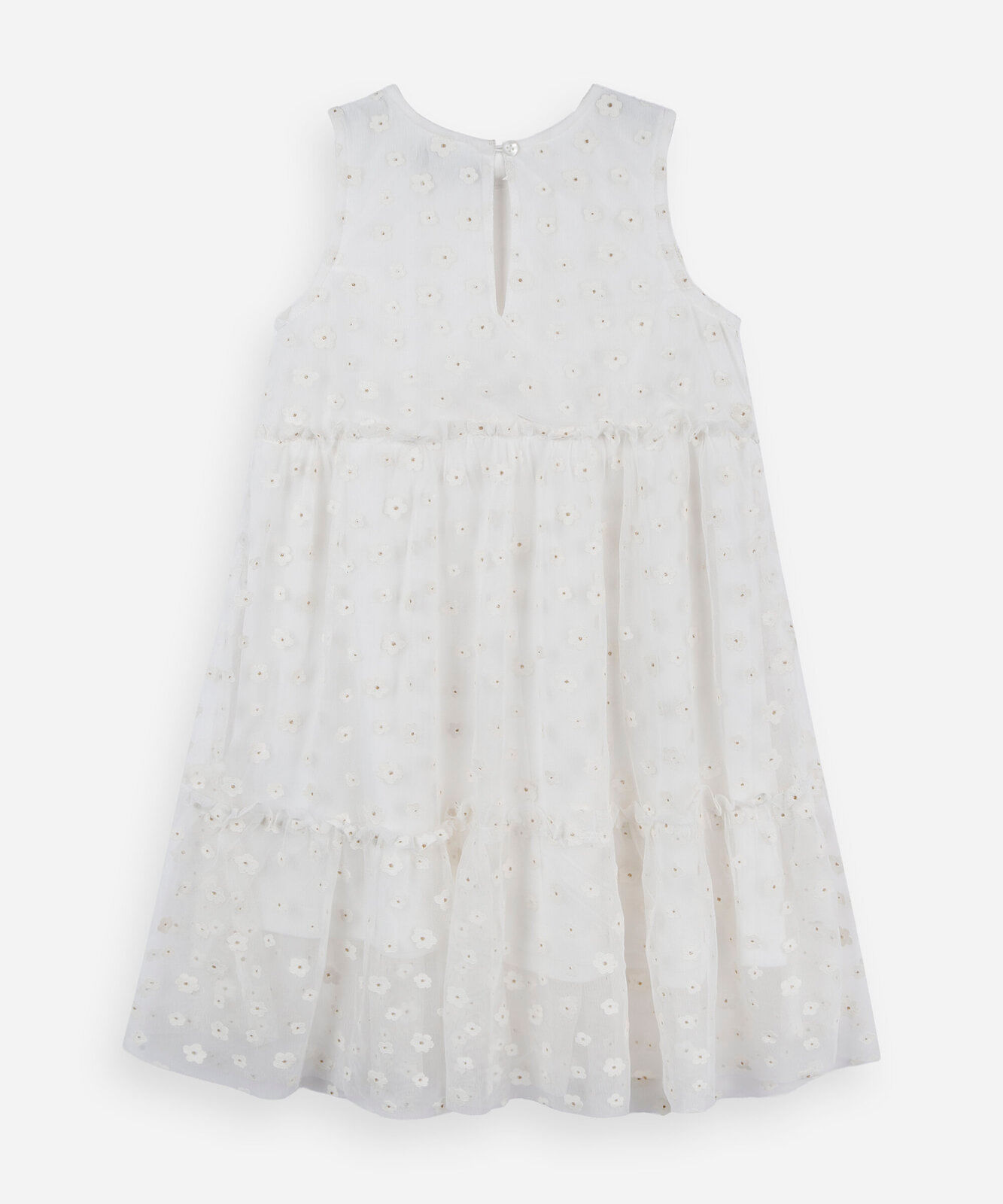 vestido infantil de tule com recortes floral off white