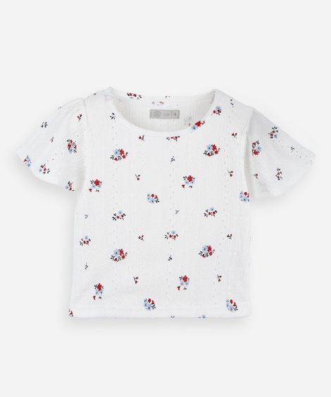 blusa infantil de laise manga curta floral off white