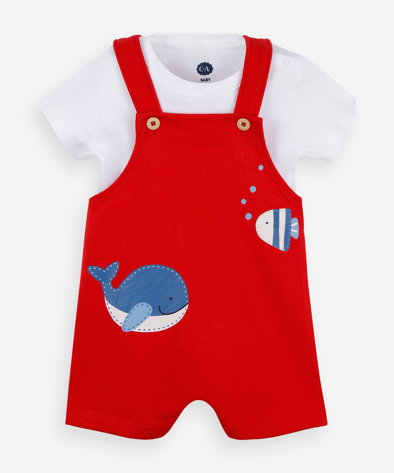 jardineira infantil de moletom com camiseta vermelha