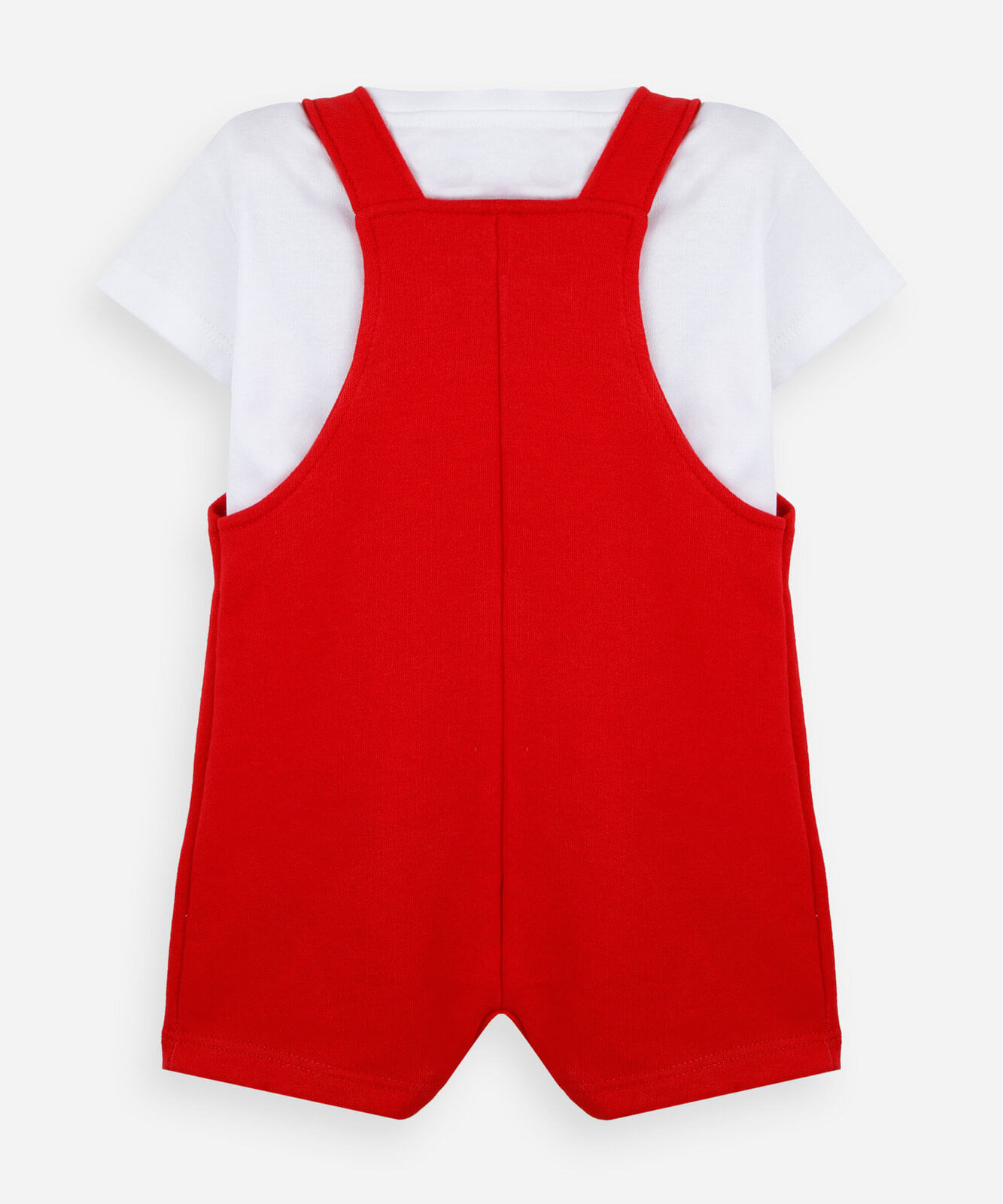 jardineira infantil de moletom com camiseta vermelha