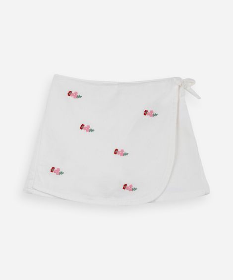 short saia infantil de sarja bordado floral off white
