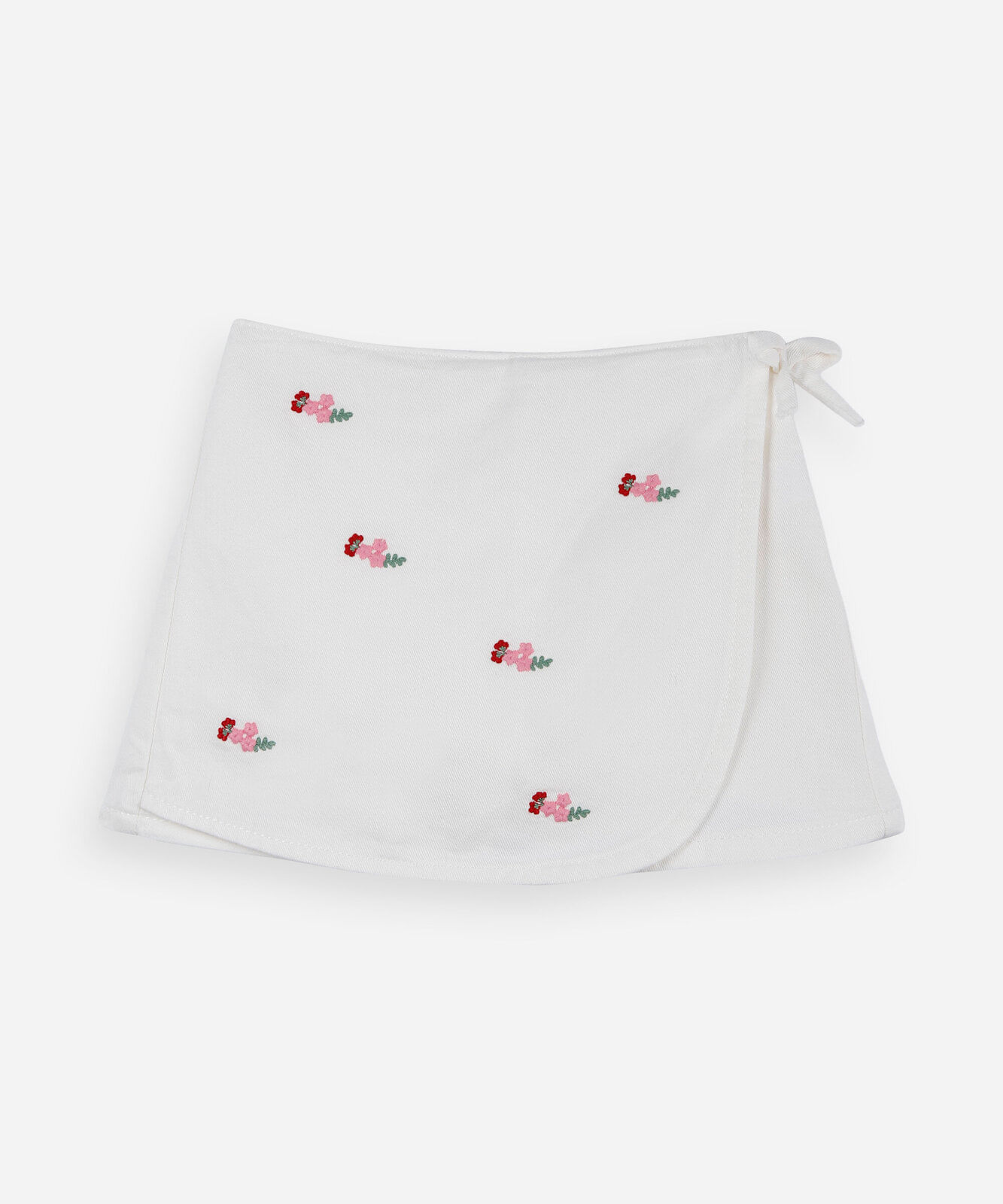 short saia infantil de sarja bordado floral off white