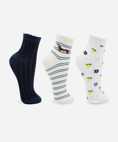 kit de 3 meias cano médio femininas estampadas colorido