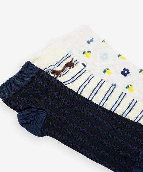 kit de 3 meias cano médio femininas estampadas colorido