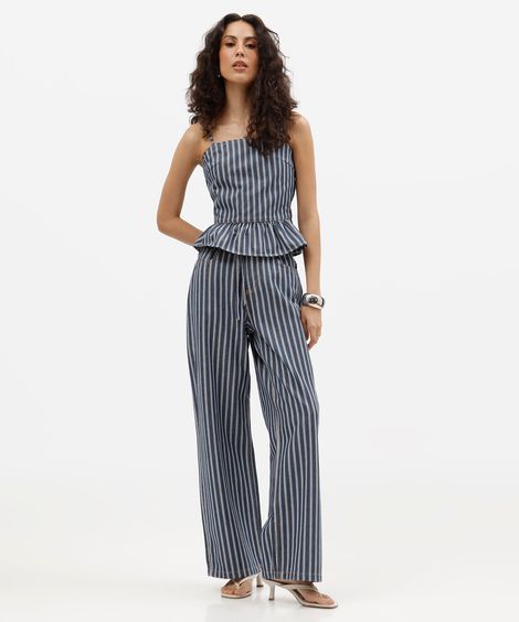 calça estilo pijama feminina de sarja com cordão listrada azul