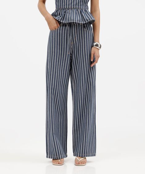 calça estilo pijama feminina de sarja com cordão listrada azul