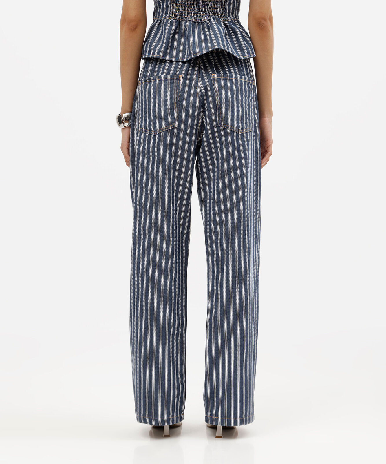 calça estilo pijama feminina de sarja com cordão listrada azul