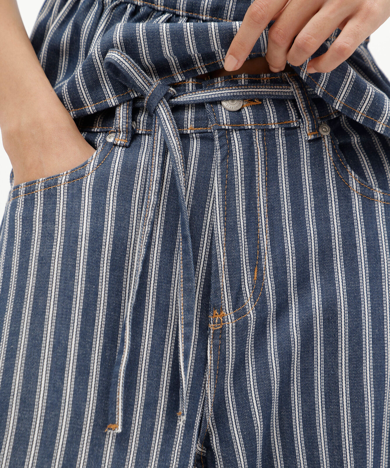 calça estilo pijama feminina de sarja com cordão listrada azul