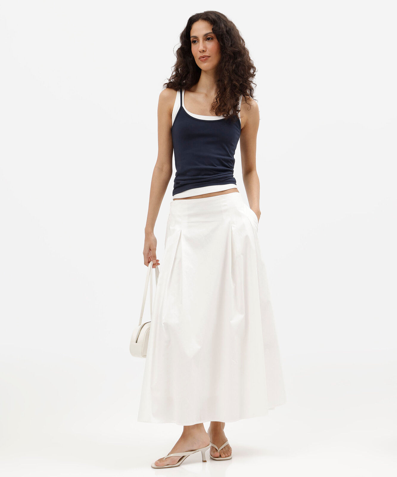 saia midi evasê feminina de algodão com pregas off white