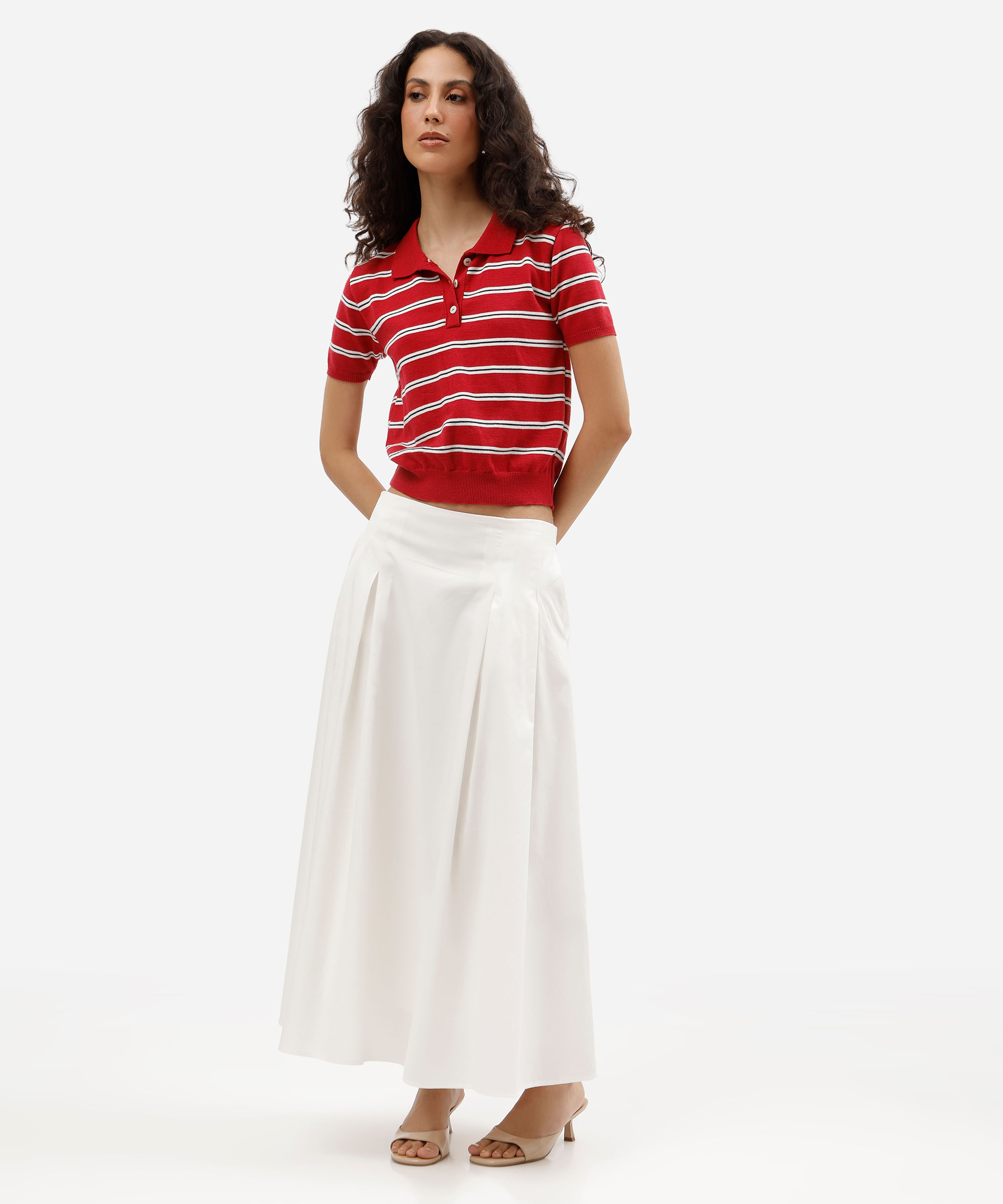 saia midi evasê feminina de algodão com pregas off white
