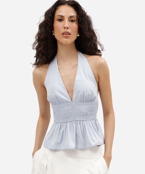 blusa peplum feminina de algodão frente única listrada azul