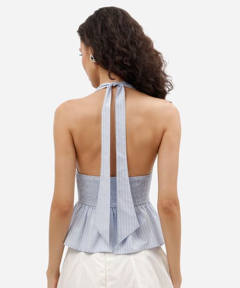 blusa peplum feminina de algodão frente única listrada azul