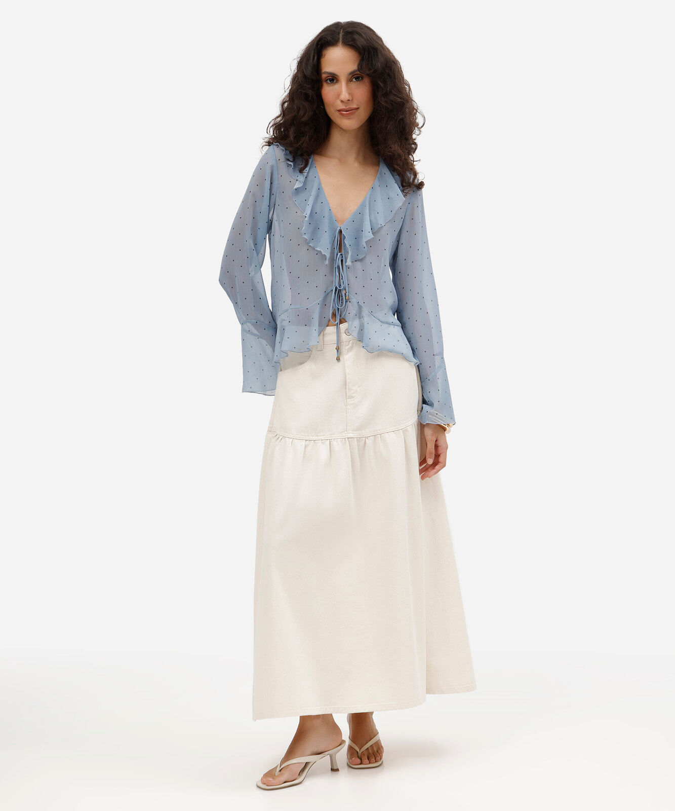 saia midi feminina de sarja com recorte cintura alta off white