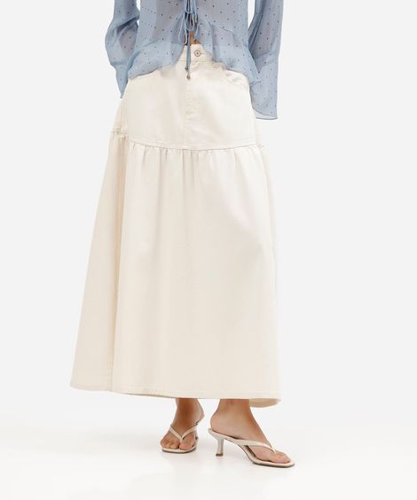 saia midi feminina de sarja com recorte cintura alta off white