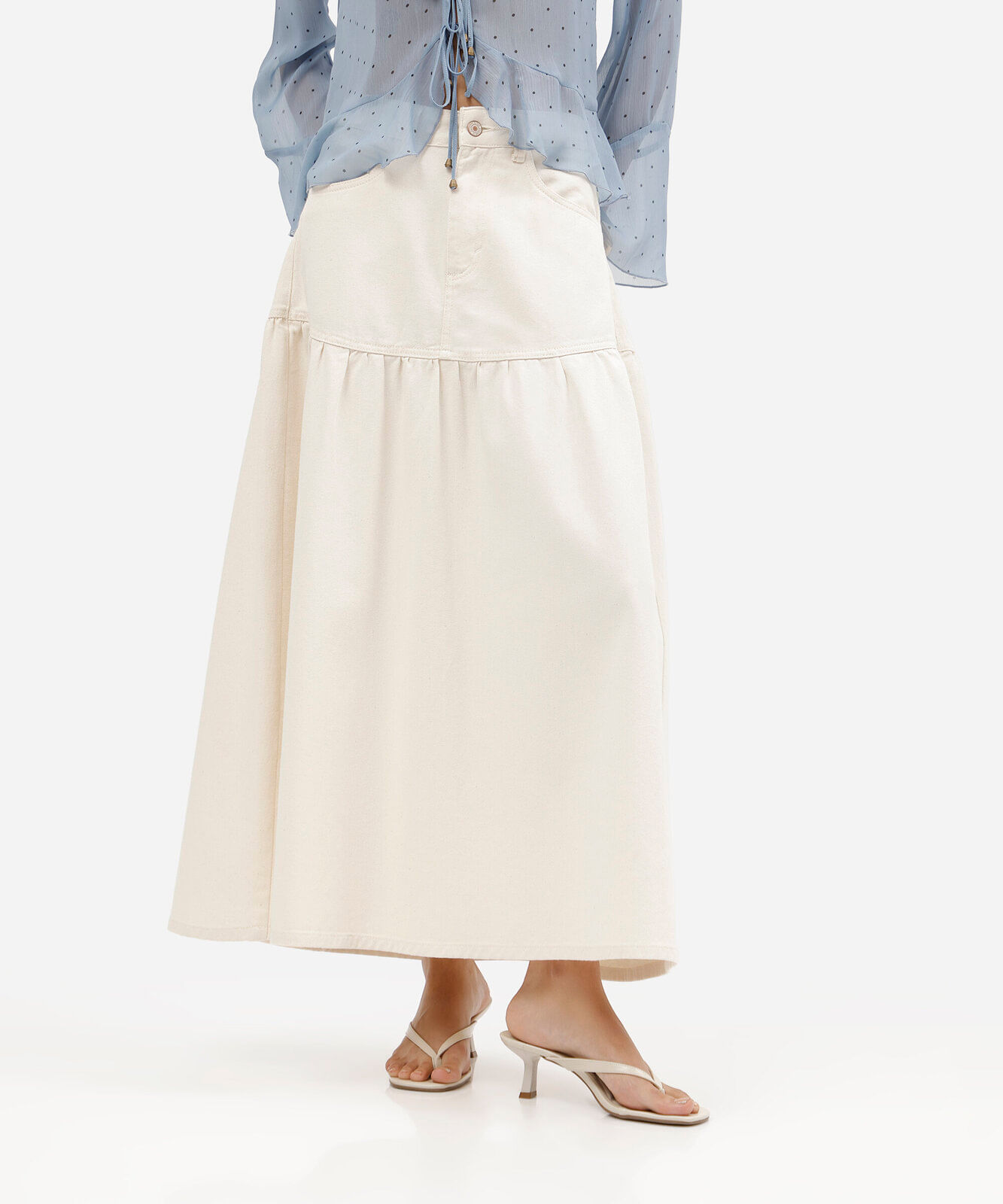 saia midi feminina de sarja com recorte cintura alta off white