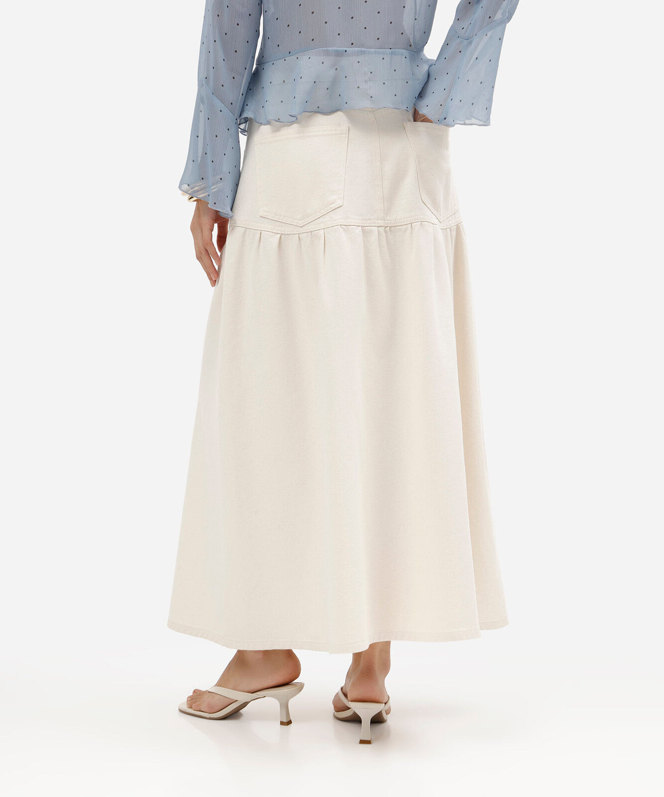 saia midi feminina de sarja com recorte cintura alta off white