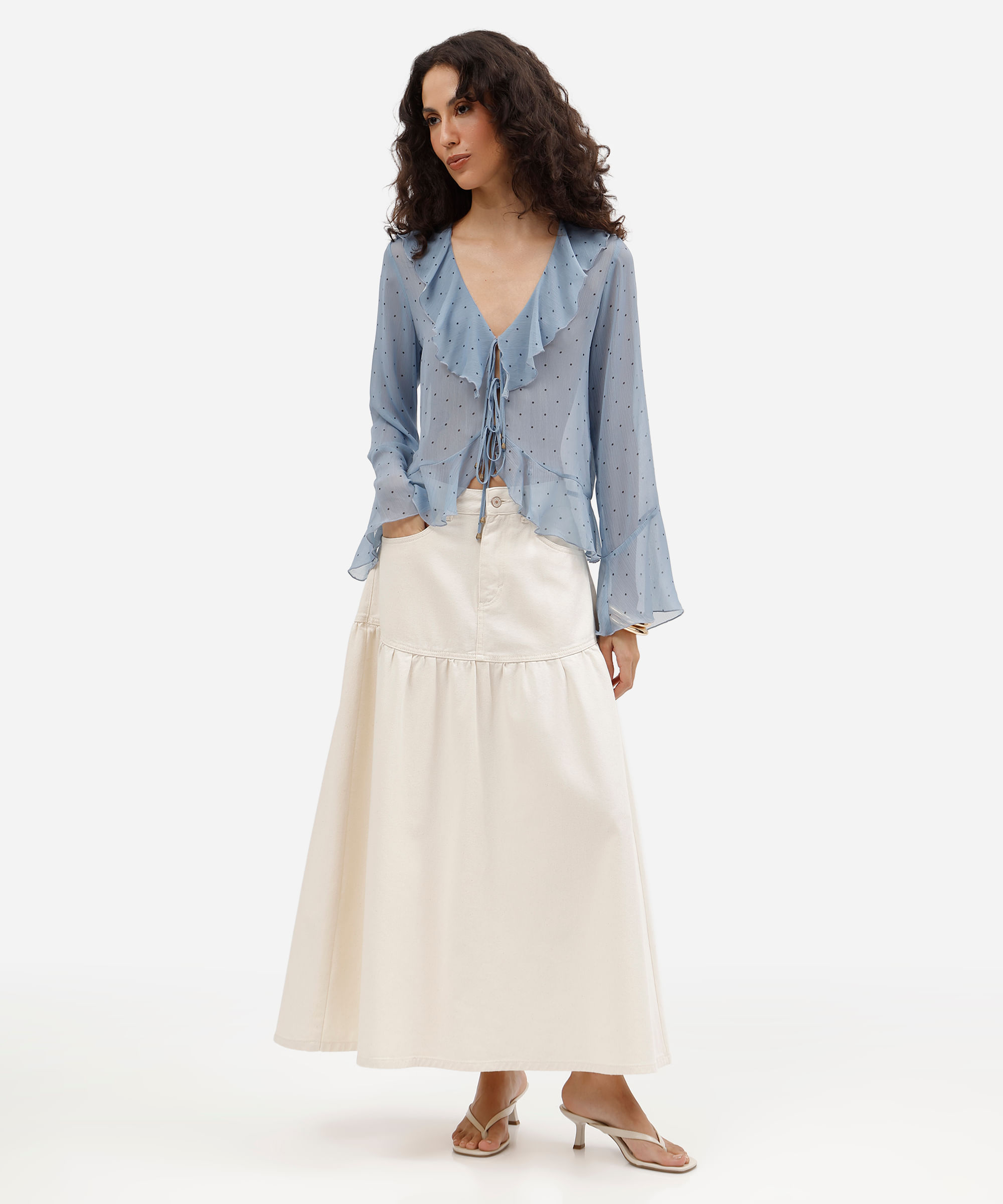 saia midi feminina de sarja com recorte cintura alta off white