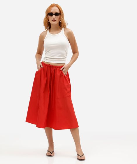 saia midi feminina com bolsos cós elástico vermelha