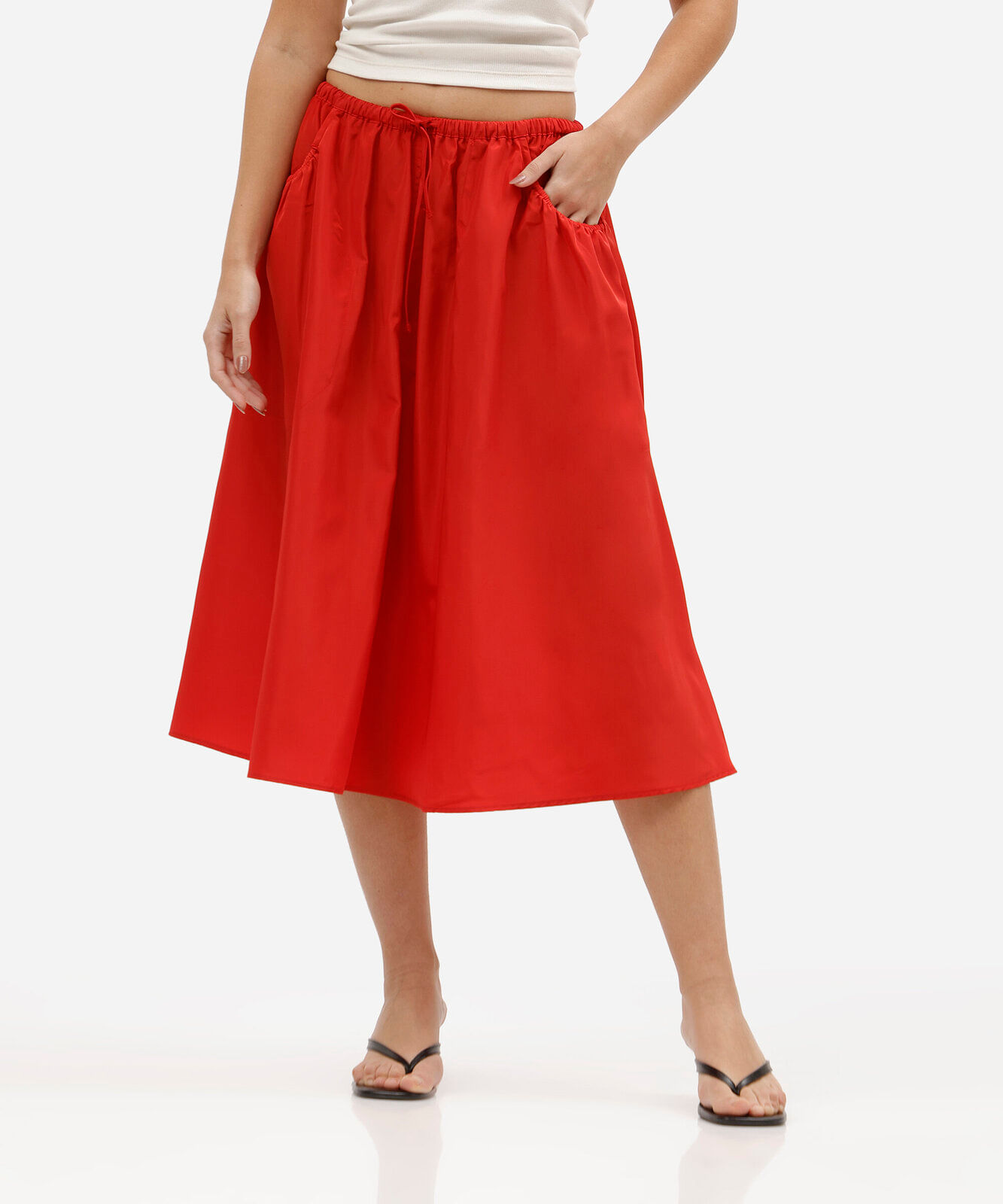 saia midi feminina com bolsos cós elástico vermelha
