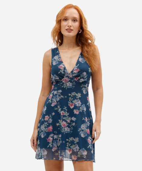vestido curto feminino de tule decote v floral azul