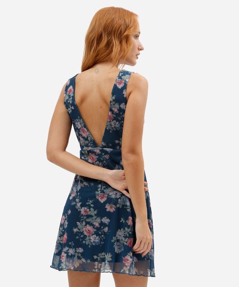 vestido curto feminino de tule decote v floral azul