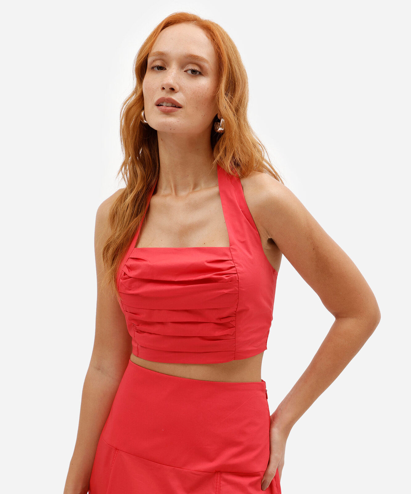 cropped feminino de algodão frente única franzido vermelho