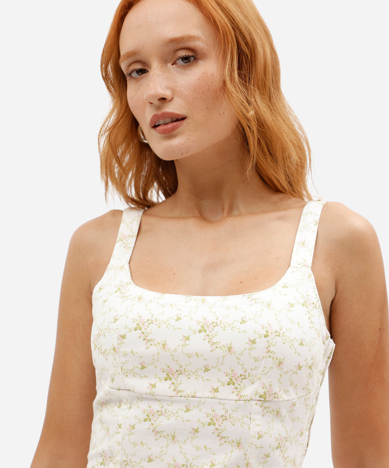 vestido curto feminino de sarja decote quadrado floral off white
