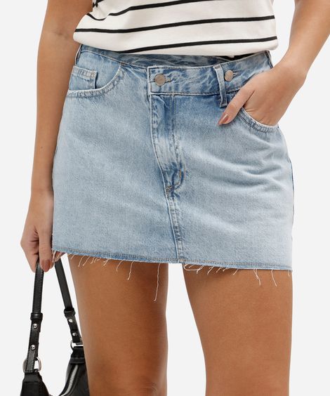 short saia feminino jeans cintura média com barra a fio azul