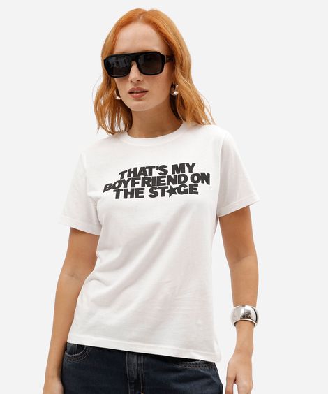camiseta feminina de algodão manga curta estampada básica off white