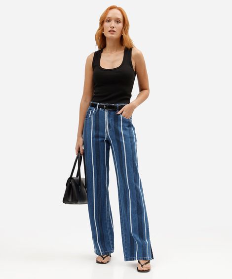 calça wide leg slim feminina jeans cintura média listrada azul