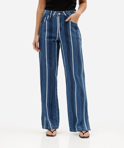 calça wide leg slim feminina jeans cintura média listrada azul